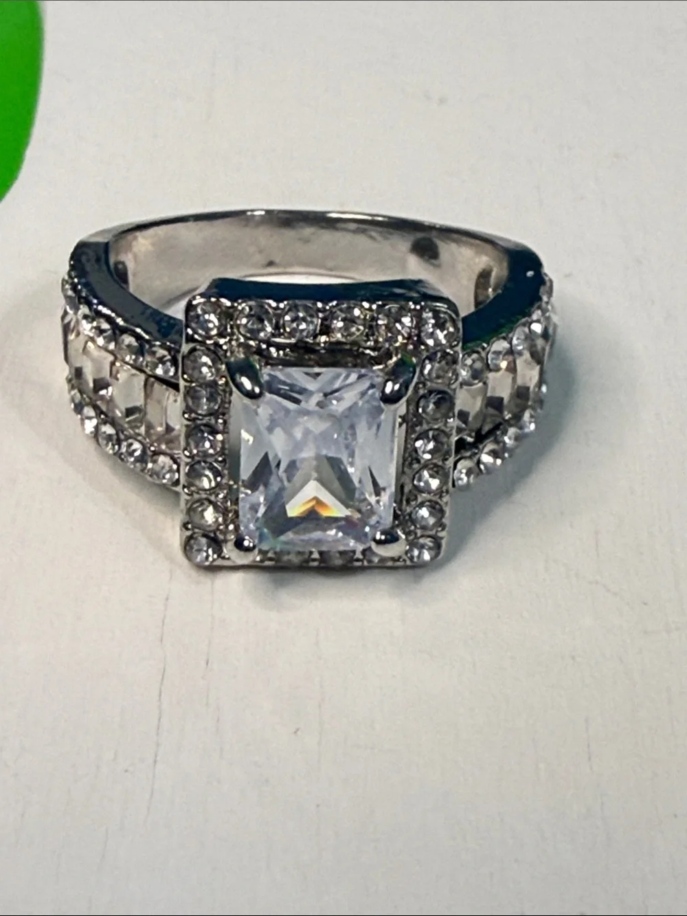 Silver Halo Square-Cut Clear Stone Cocktail Ring Size 7 Silver Plated Fashion